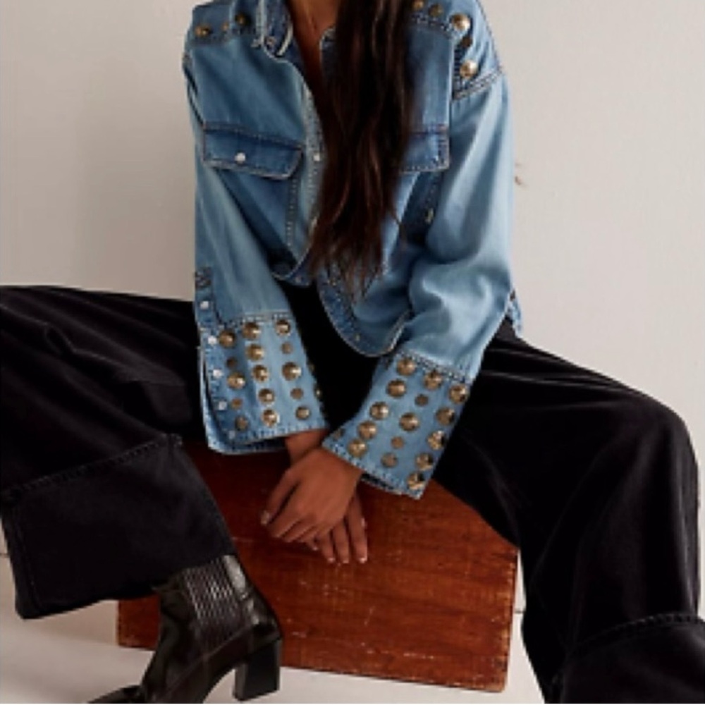 We The Free People Austin pearl snap concho studs denim shirt jacket shacket
